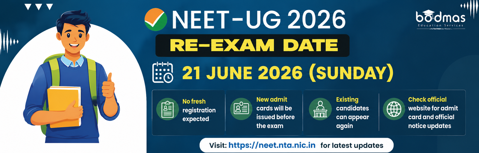 NEET UG 2026 Re-Exam Date Announced: Exam on 21 June, Admit Card & Official Updates